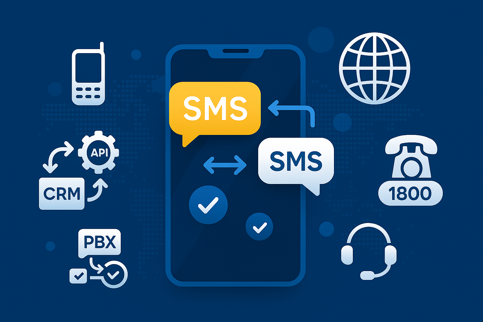 Ilustración de mensajería SMS empresarial: masivos, transaccionales y 2 vías con API e integración CRM